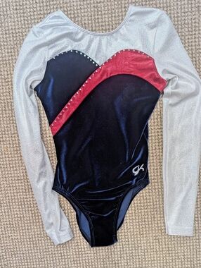 GK Elite Gymnastics Leotard Adult Small Navy Red Silver Rhinestone Long Sleeve